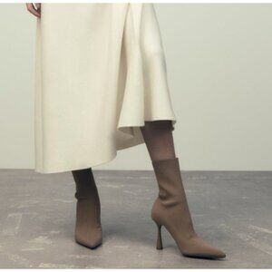 ZARA Knit Sock Ankle Boots Sandy Brown Pointed Toe Stiletto Heel Stretch Booties